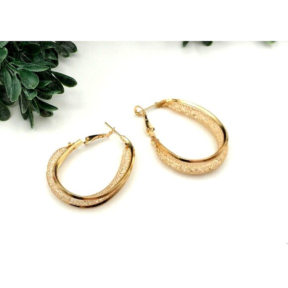 Gold-Tone Hoops mesh with clear rhinestones  .. See notes - Picture 2 of 8